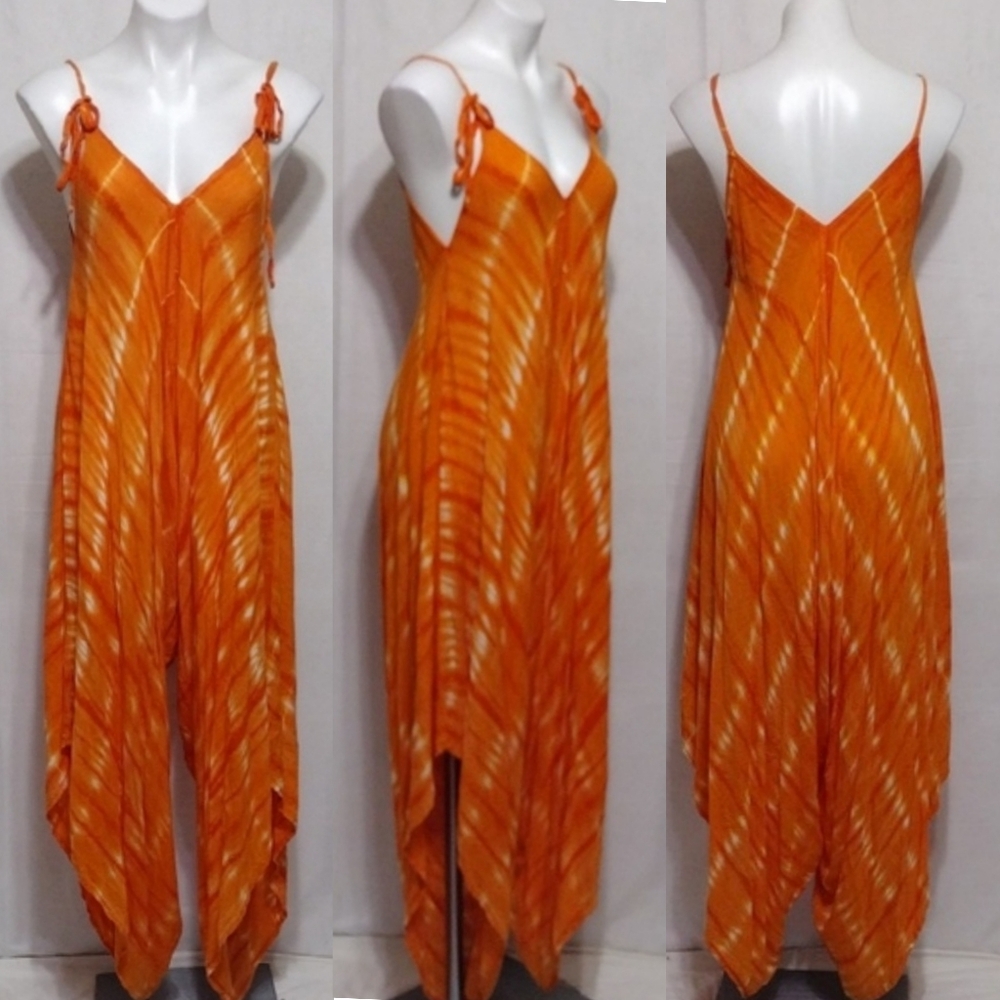 Womens Boho Orange Tie-Dye Asymmetrical Wide Leg Jumpsuit One Size Festival Chic